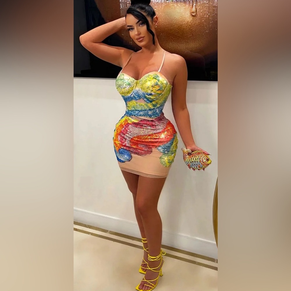 Rhinestone Colorful Pattern Print Bodycon Party Slip Mini Dress